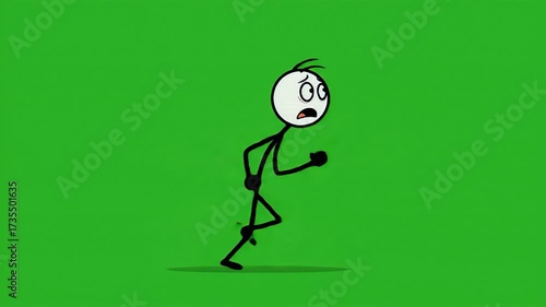 Scared Stickman Runs Away Animated Character on Green Screen