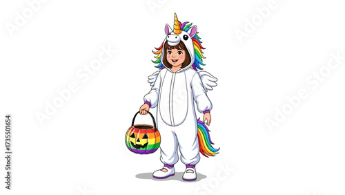 Whimsical Unicorn Child on Halloween: A joyful child is dressed in a unicorn costume, trick-or-treating, capturing the playful essence of Halloween!