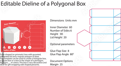 Polygonal box template diagram with dimensions dieline