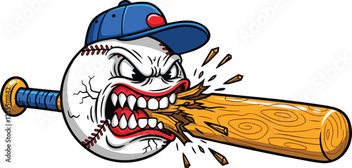 A baseball character is biting a baseball bat the baseball is wearing a cap and has sharp teeth it is a vector illustration