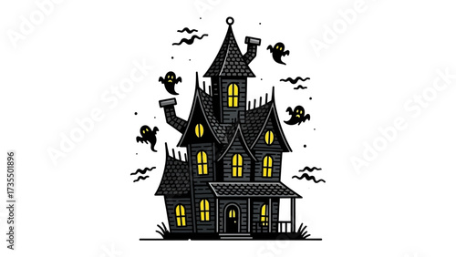 Spooky Mansion's Gathering: In a twilight setting, a bewitching mansion rises against a star-studded sky. Ghosts and eerie atmosphere create a spooky scene. The perfect visual for Halloween.
