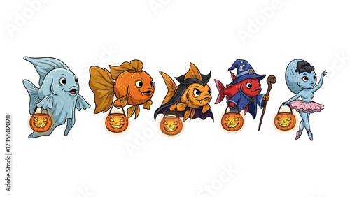 Spooky Sea Life: A collection of charming cartoon fishes, each uniquely adorned in Halloween costumes, and carrying their own little pumpkin-shaped trick-or-treat candy basket.