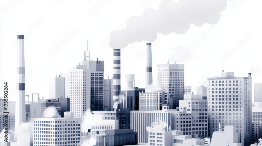 Naklejka premium Monochromatic illustration of city skyline featuring industrial buildings, smokestacks, and emissions, conveying sense of urban life and pollution