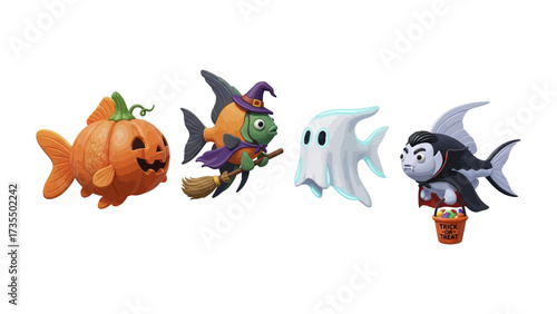Halloween Themed Fish: A creative collection of vibrant, hand-painted fish sculptures, meticulously designed and posed to capture the essence of the Halloween spirit, featuring a pumpkin fish.