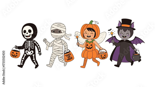 Halloween Costume Parade: A delightful array of Halloween costumed figures ready for trick-or-treating parade with joyous smiles and festive spirit.