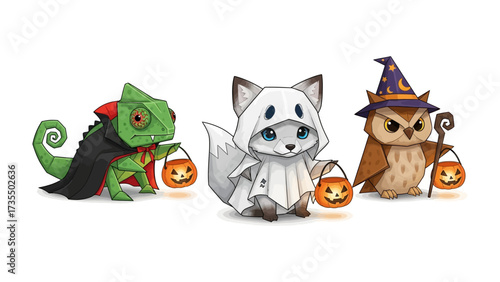 Halloween Trio: A vibrant illustration of three costumed animal figures, embodying the spirit of Halloween with playful charm and festive detail. 