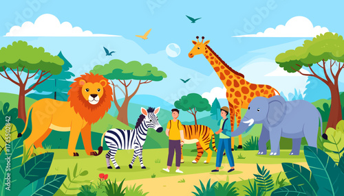 Safari tour with animals and tourists in savanna