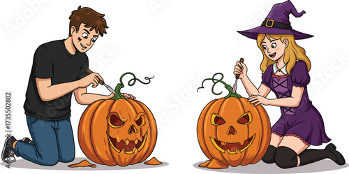 Man carving Halloween pumpkin, woman in witch costume making jack o lantern, spooky holiday illustration, autumn festival, scary decoration, party celebration