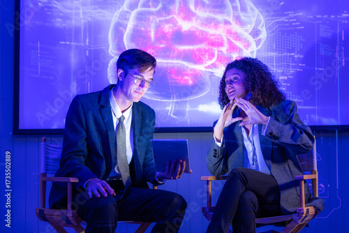 Seminar woman with man in conversation for ai governance, machine learning, Presenter promoting artificial intelligence solutions, Strategy plan to executive write prompt AI bot IT app program.