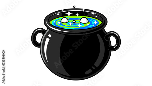 Witches cauldron: A whimsical graphic of a bubbling cauldron with a mystical, vibrant potion inside, adorned with star-shaped sparkles, a symbol of magic and enchantment.