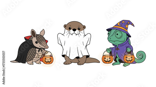 Spooky Friends Halloween Costumes: Three adorable animal friends dressed up for Halloween. An armadillo, a river otter, and chameleon celebrate spooky season together.