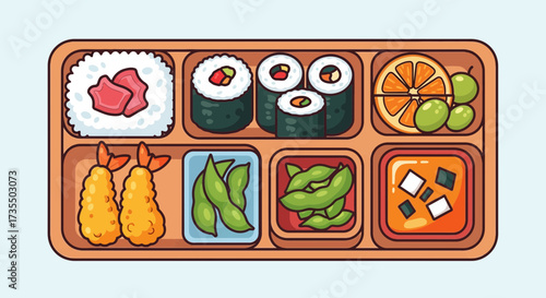 A colorful cartoon sushi bento box.