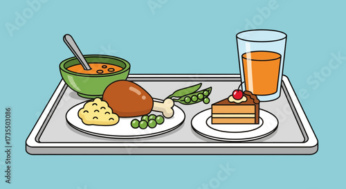 A cartoon illustration of a hospital meal tray with food and drink.