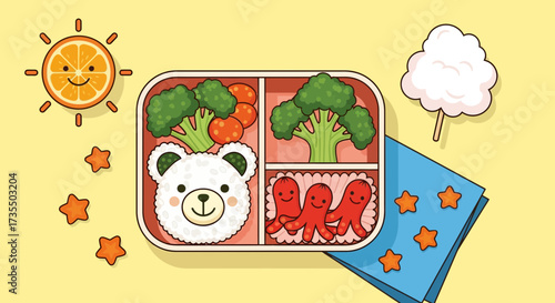 Adorable Kids' Bento Box Lunch Illustration with Bear Rice, Octopus Sausages & Healthy Vegetables