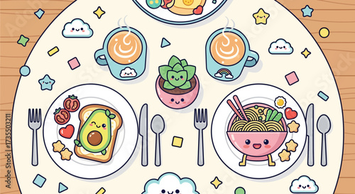 Colorful cartoon breakfast table setting with food.