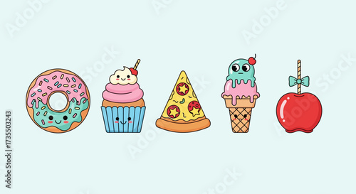 Colorful cartoon dessert icons on pastel background.