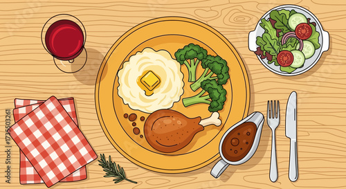 A traditional meal on a wooden table.