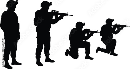 Silhouette of armed soldiers with rifles, military team in combat positions, standing and kneeling army troops, war training vector illustration