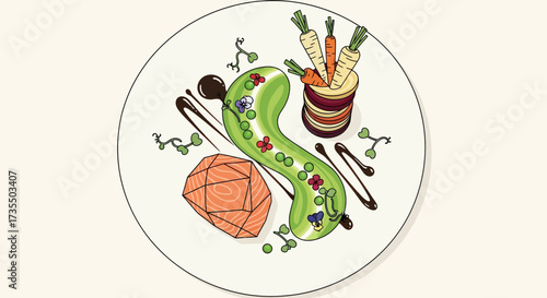 Gourmet Food Illustration: Stylized Plate with Geometric Salmon, Carrot Stack, and Whimsical Playing Card Puree Design