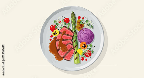 Gourmet Plated Steak Dinner Illustration with Asparagus, Purple Puree & Edible Flowers