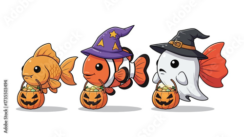 Spooky Underwater Halloween Party: An aquatic ensemble of festive creatures, including a goldfish, clownfish, and spectral ghost-fish, celebrates Halloween.