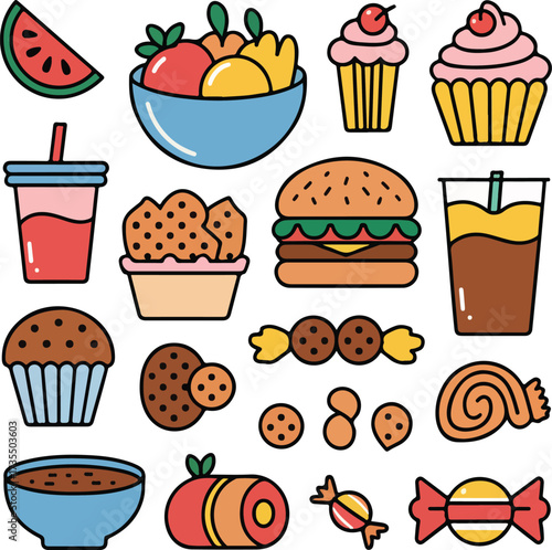 Colorful Cartoon Fast Food Icons Burger, Pizza, Fries, Donut and More
