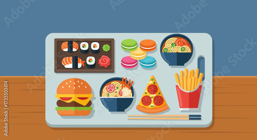 Flat Design Food Tray with Diverse Cuisine: Sushi, Burger, Pizza, Noodles, Macarons, and Fries Illustration