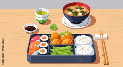 A bento box with sushi and soup.