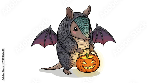 Halloween Armadillo: A cute, cartoonish armadillo, clad in a bat-like costume, carries a carved pumpkin lantern, ready for trick-or-treating, embodying the joy of Halloween.