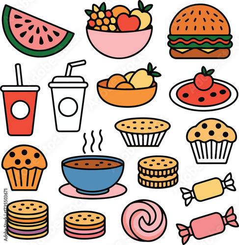 Colorful Cartoon Fast Food Icons Burger, Pizza, Fries, Donut and More
