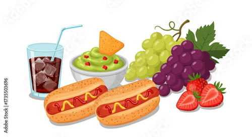 Vibrant Illustration of Classic Snacks and Fresh Fruit: Hot Dogs, Guacamole, Soda, Grapes, and Strawberries