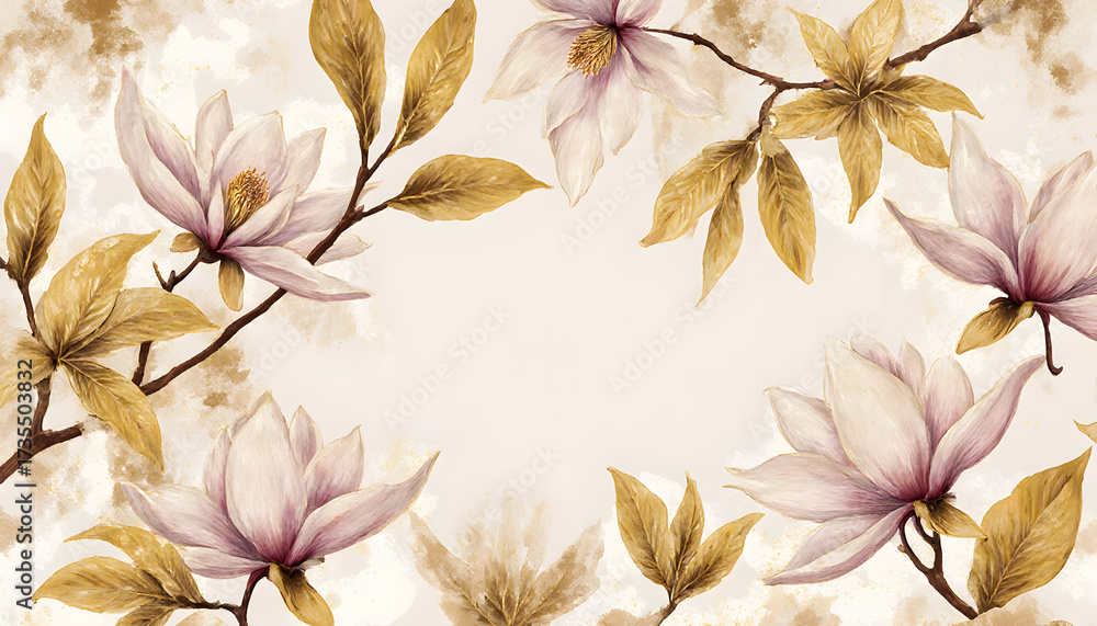 Fototapeta premium Elegant Watercolor Magnolia Flowers on Light Background for Decorative Art and Floral Design