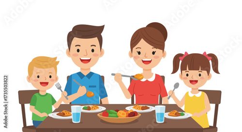 Happy family having a meal together at the dinner table.