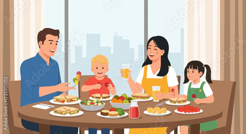 Smiling family enjoying a meal together at home. Parents and children dining around a table with a city view.