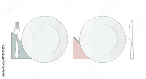 Simple table setting with white plates and cutlery.