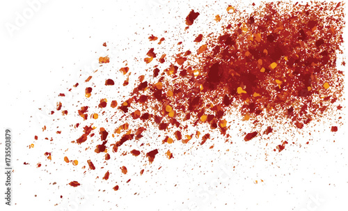 Flying spicy chili red pepper flakes, chopped paprika pile, isolated on white, vector