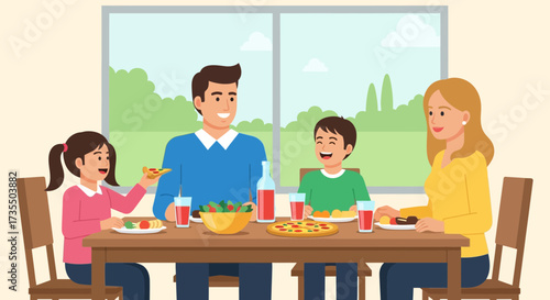 Family enjoying a meal together at a dining table indoors.