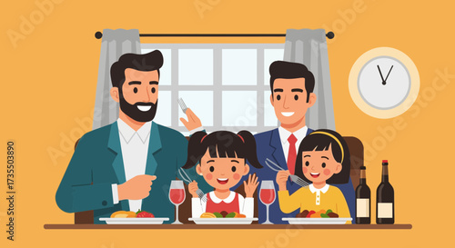Happy Modern Family Dinner: Two Fathers and Daughters Enjoying a Meal Together at Home, Bonding and Celebrating