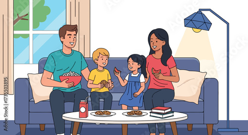 Family enjoying a meal together on the couch in a cozy living room.