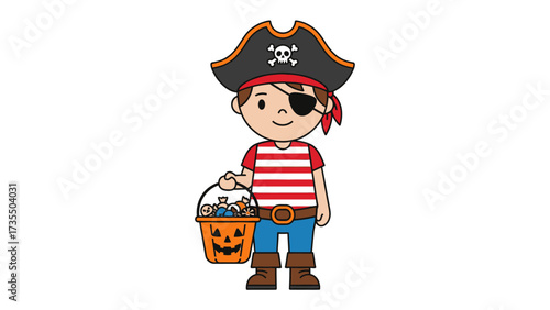 Halloween Pirate with Treat: A cute child, dressed as a jovial pirate, clutches a pumpkin-shaped treat bucket brimming with candies and goodies. They are all set for a night of trick-or-treating.