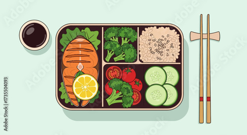 Healthy Asian-Style Meal with Grilled Salmon and Vegetables.