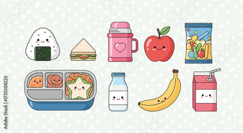 Cute Kawaii Lunch Items Set. Adorable Bento Box, Onigiri, Apple, Banana, Milk, Juice, and Snacks Illustrations for Kids' Meals.