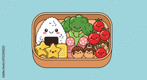 Cute Kawaii Bento Box Lunch Illustration with Happy Japanese Food Characters