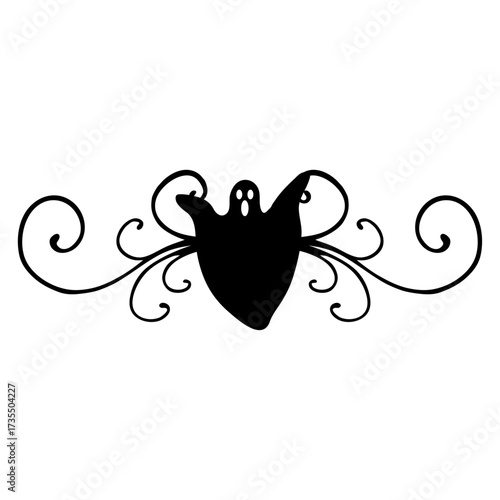 Logo con silueta de fantasma espantoso con filigrana caligráfica. Silueta con florituras para tarjetas y felicitaciones de Halloween