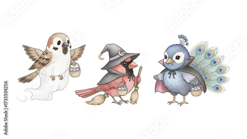 Halloween Bird Trio: A whimsical illustration depicts a trio of birds dressed in festive Halloween costumes, each clutching treats. Perfect for playful seasonal designs.