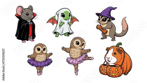 Whimsical Halloween Creatures: A captivating illustration showcases a delightful array of Halloween-themed critters, ready to spread spooky fun and charm. The artwork features a vampire mouse.