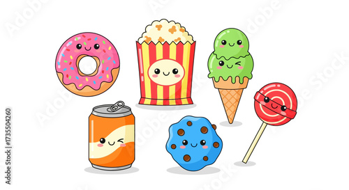 Colorful cartoon snacks and treats with smiling faces.