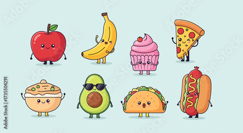 Cute Kawaii Food Characters Set. Happy Cartoon Fruit, Snacks, and Meals with Faces and Limbs. Fun Anthropomorphic Food Illustrations.