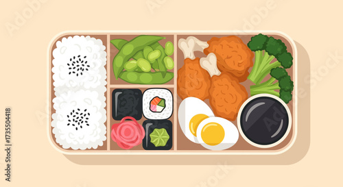 Assorted Japanese bento box with rice, vegetables, and fried food.