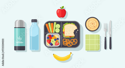 Healthy Packed Lunch Flat Lay: Bento Box with Sandwich, Fruits, Veggies, and Drinks. Ideal for School, Office, or Picnic.